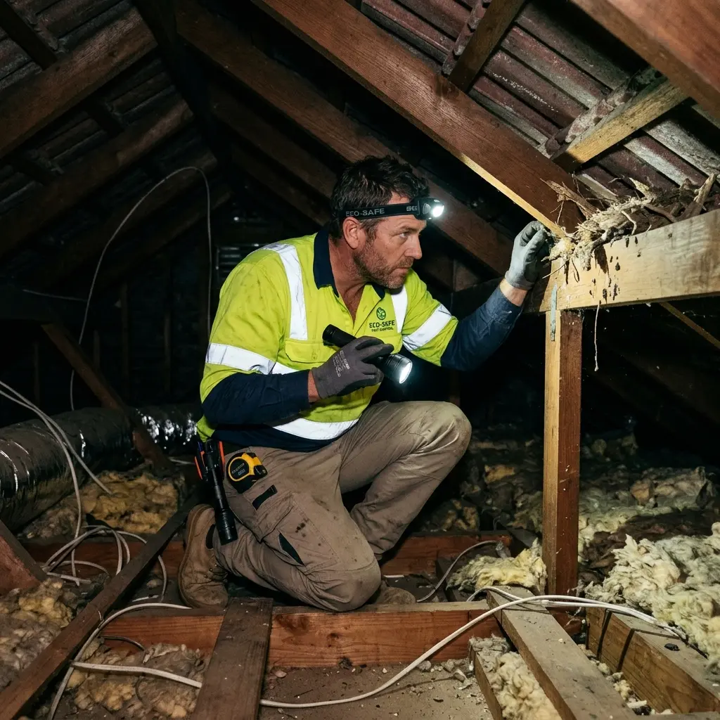 Technician inspecting a roof cavity for a dead animal in Olinda