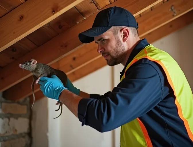 Technician inspecting a roof cavity for a dead rat in Olinda